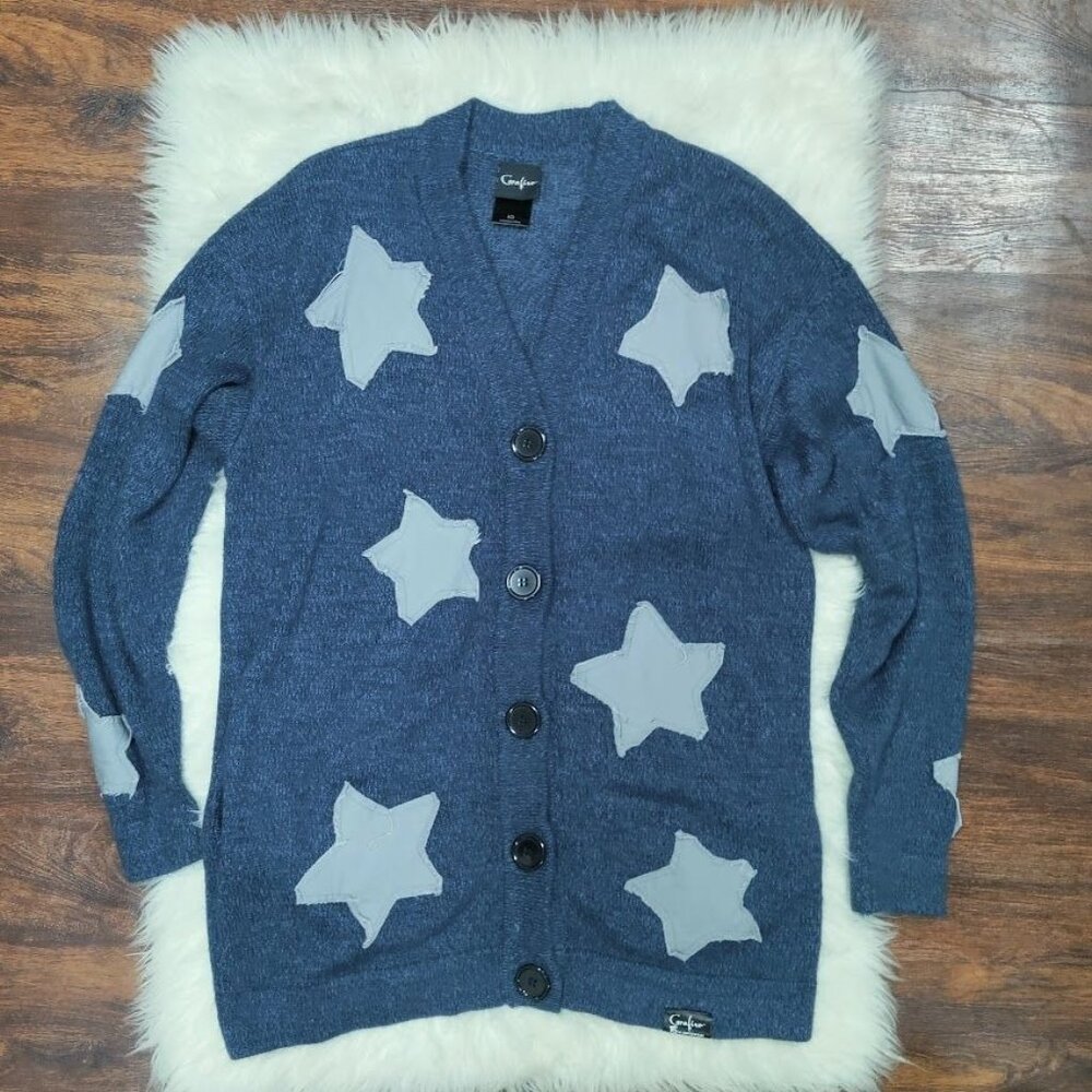 Coraline x Hot Topic Star Patchwork Junior Large Oversized Cardigan Sweater Blue - Picture 2 of 9